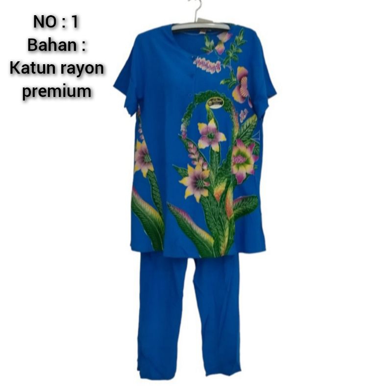 Setelan / stelan baju tidur wanita lengan pendek celana panjang ( piyama / pajamas ) bahan katun ray