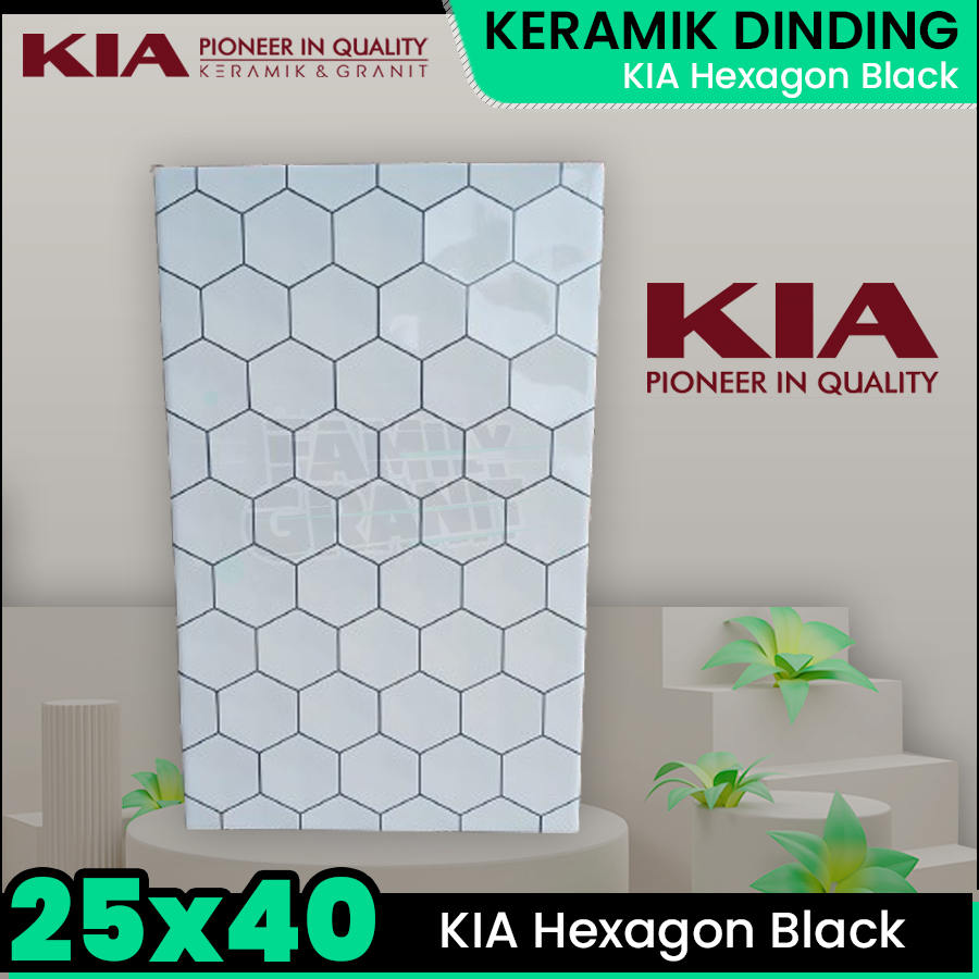Keramik Dinding 25x40 KIA Hexagon Black Wall Tile Dapur / Kamar Mandi Glossy Emboss