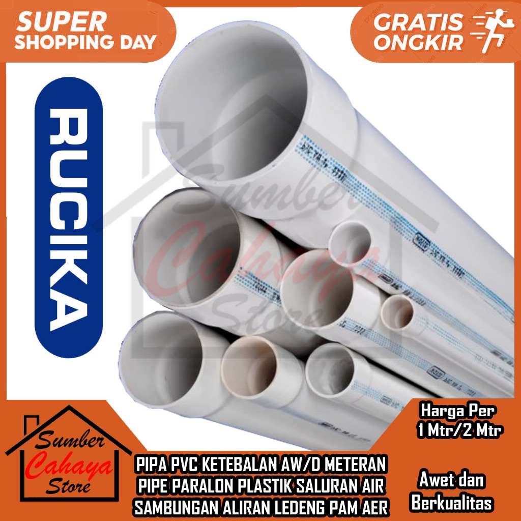 PIPA 1½" AW D METERAN PVC RUCIKA PUTIH 1 2 METER PARALON 1.5 1,5 PRALON LEDENG PIPE PLASTIK PELASTIK