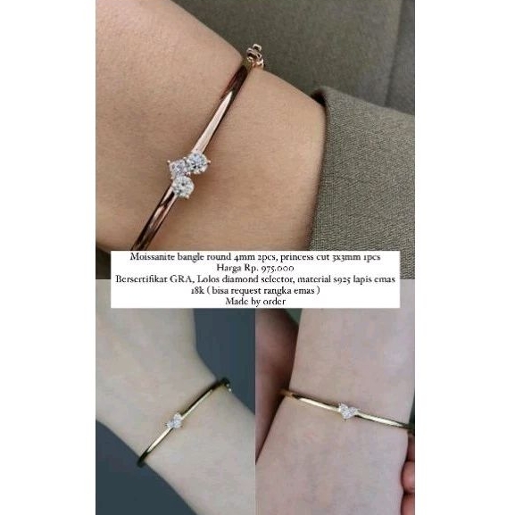 bangle round 4mm*2pcs + princess 3*3mm 1pcs diamond moissanite