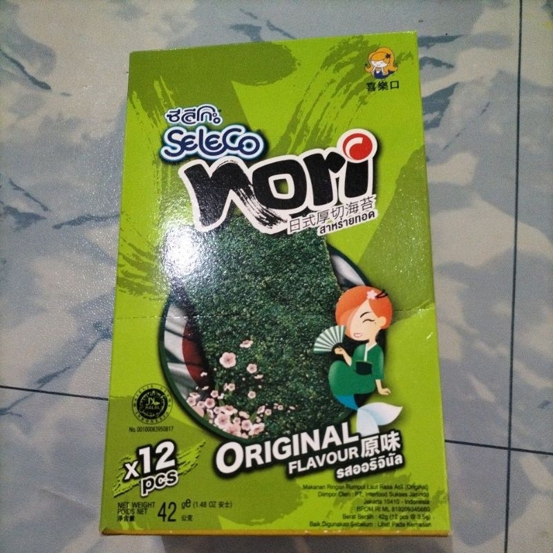

Seleco Nori Seaweed1box isi 12's x 4gr Tersedia varian Original dan Spicy