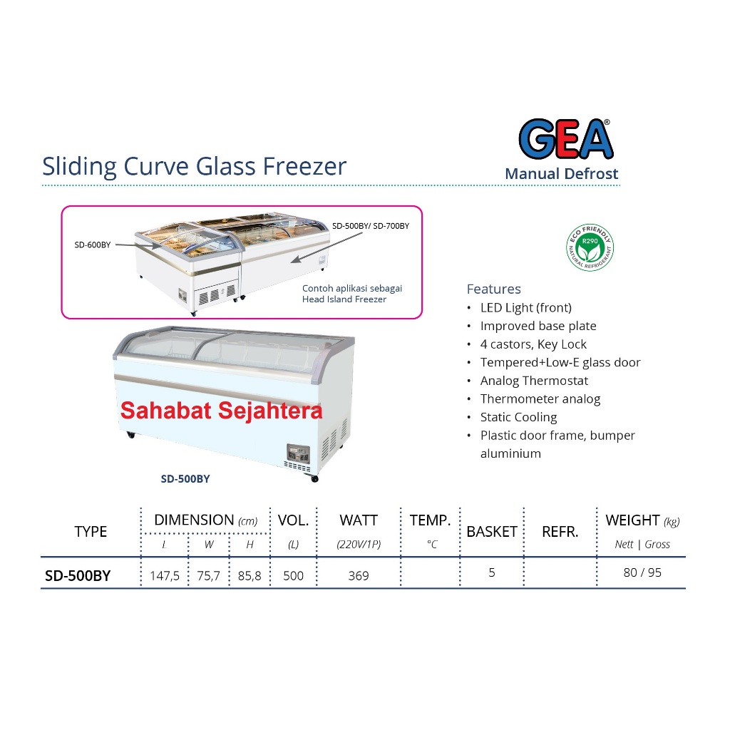Berat Sebenarnya GEA Sliding Curve Glass Freezer SD-500BY Freezer Sliding Kaca