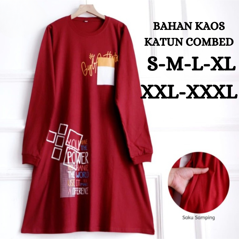 Tunik Kaos Wanita Power Tunik BO Size S M L XL XXL XXXL LD 90-130 CM Bahan Kaos Katun Combed Aplikas