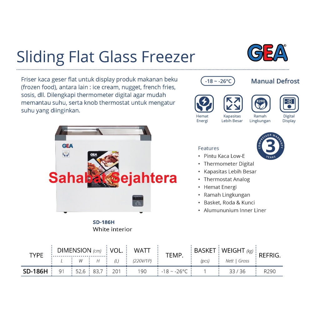 GEA Sliding Flat Glass Freezer SD-186H Freezer Sliding Kaca