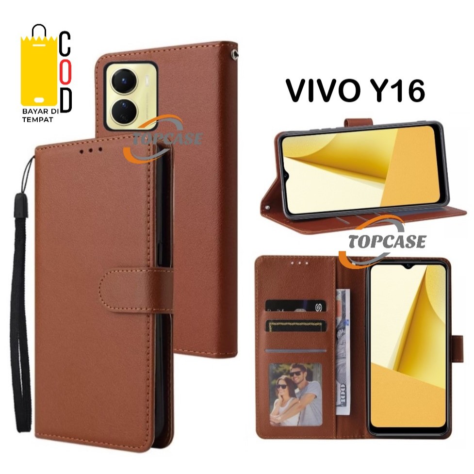 Leather Case Flip VIVO Y16 - Flip Case Kulit - Casing Dompet Wallet - Case Cover Kulit