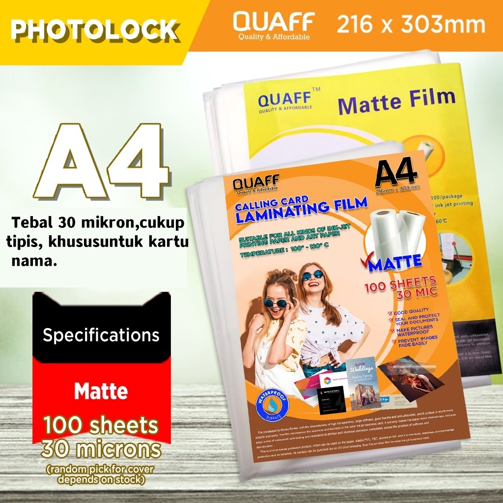 

Plastik Mika Laminating Film/QUAFF Calling Card Laminating Film A4 Size 30 Microns Matte/Glossy (100sheets / pack)