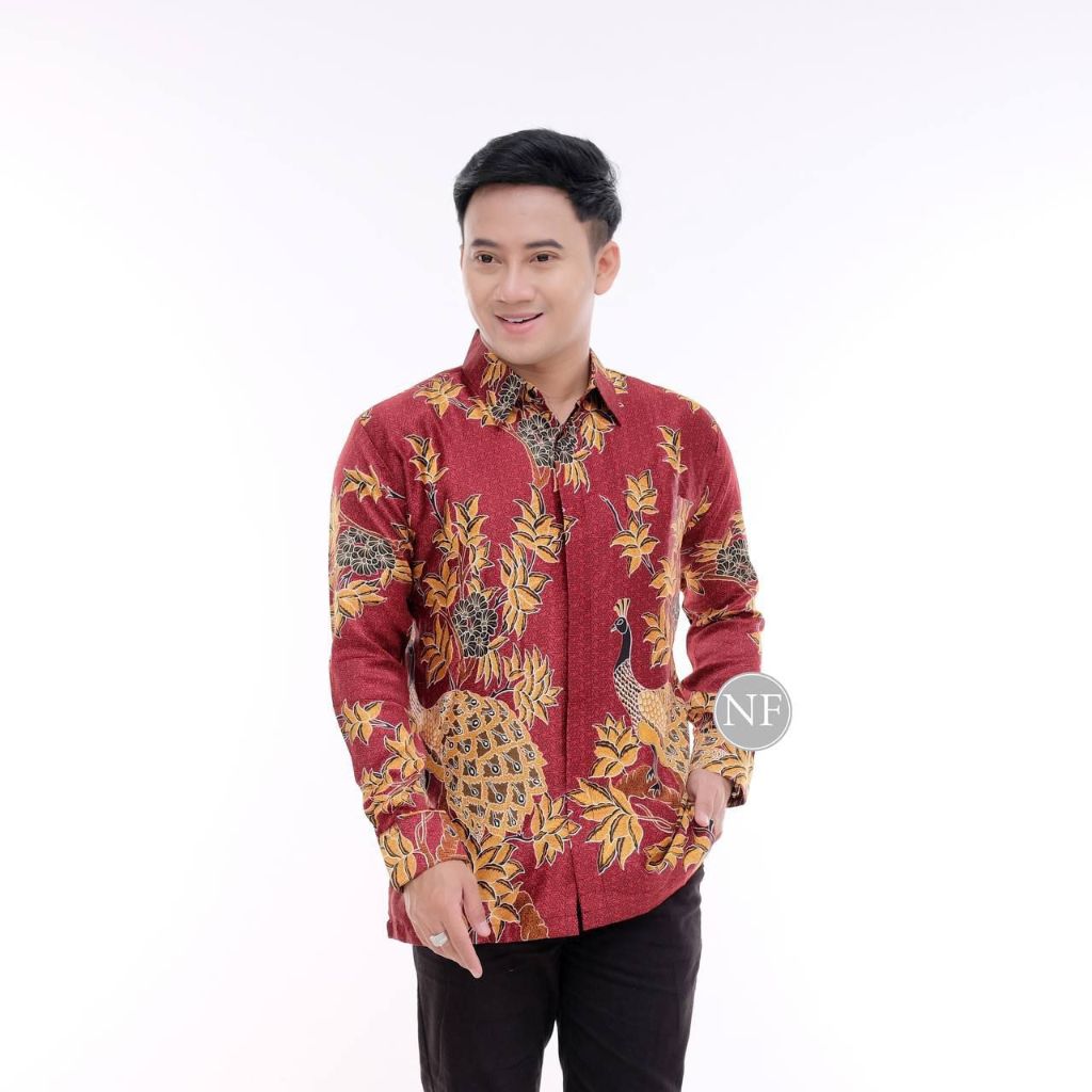 Fairyrozi Kemeja Semi Sutra Batik Pria Lengan Panjang Motif Buah Naga M L XL XXL