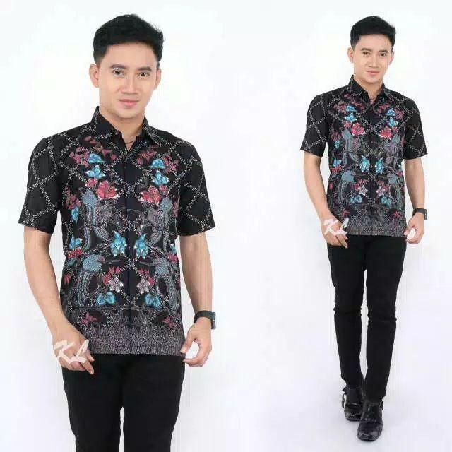 Batik Pria - Kemeja Lengan Pendek - Motif Kenari Hitam Biru - Warna Hitam Biru