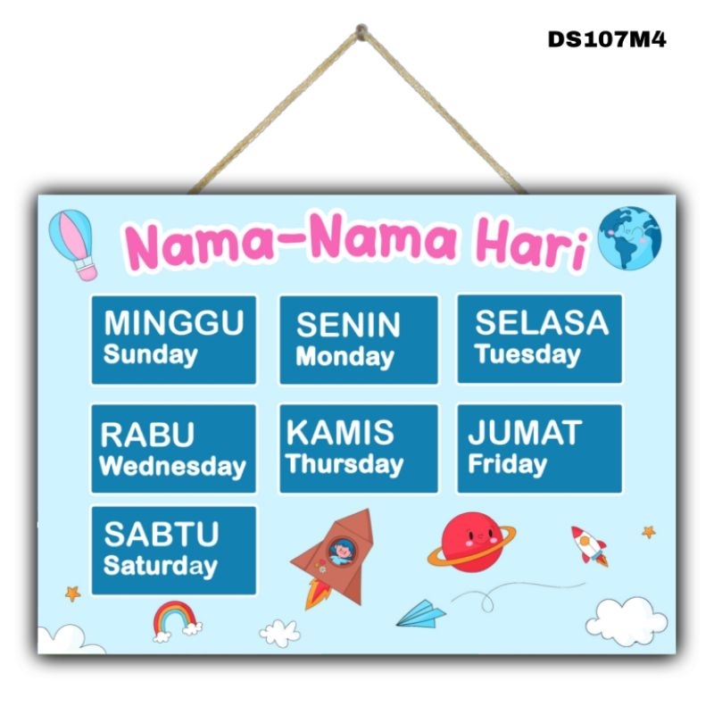 Hiasan dinding Poster NAMA NAMA HARI gantungan pajangan dinding edukasi pembelajaran anak