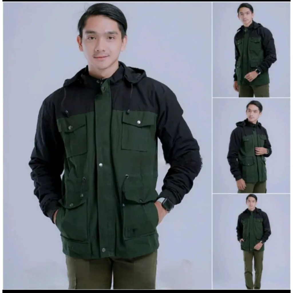 jaket parka pria kombinasi hitam-army bahan premium tebal L XL XXL