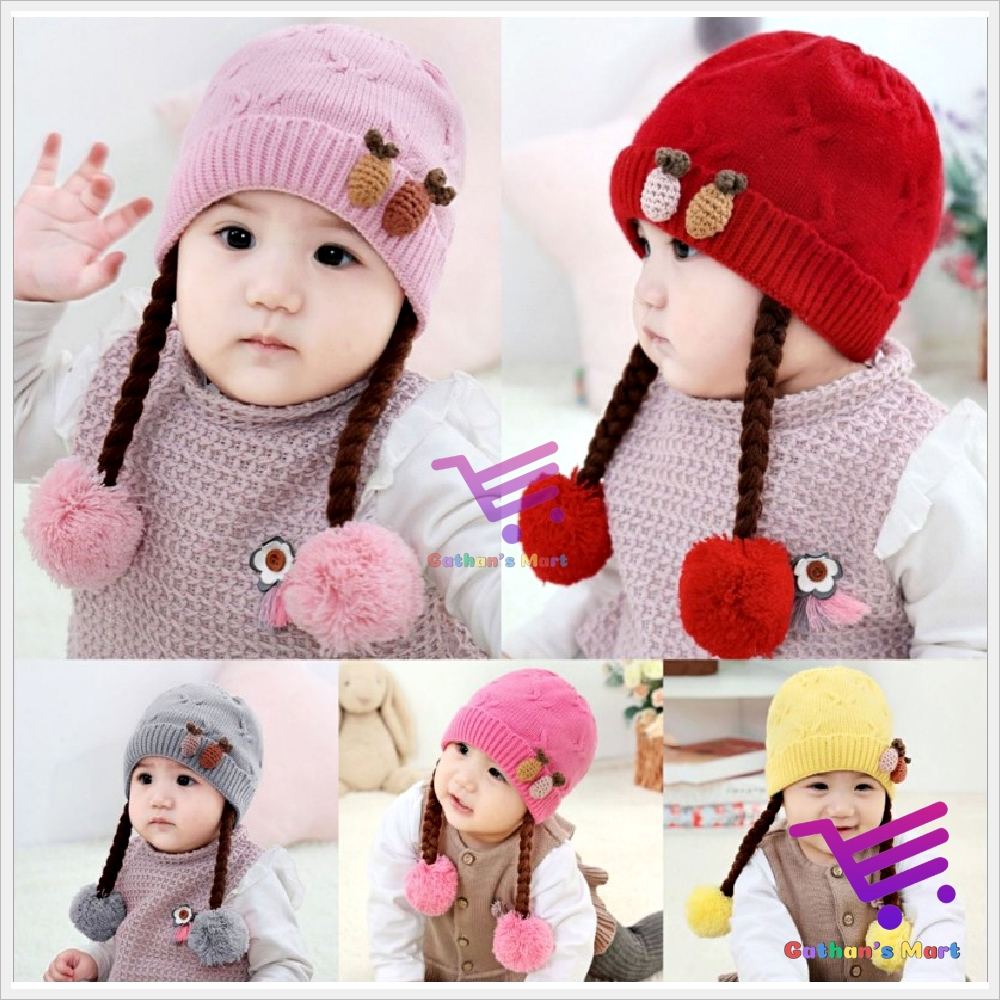 Topi Kupluk Anak Perempuan Bayi Baru Lahir Newborn Rajut Lucu Rambut Kepang Murah Umur 0 3 4 5 6 7 8
