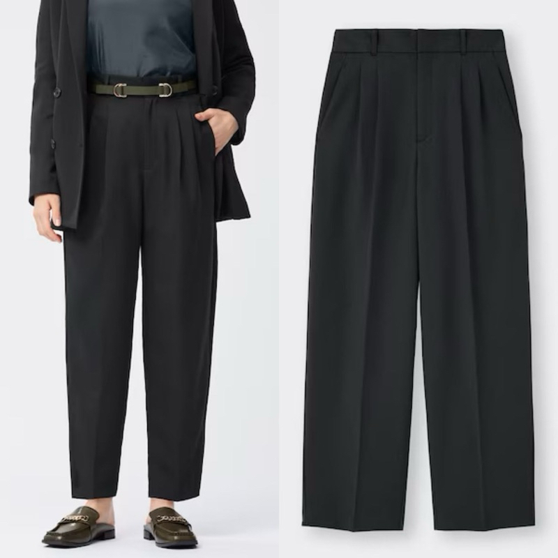 GU two-tuck wide tapered pants celana bahan formal casual hitam black