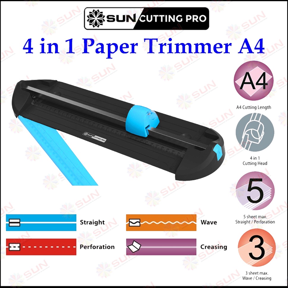 

Alat Potong Kertas 4 in 1 A4A3 Vertikal 3 cm SUN Cutting Pro CPMT41A4 Paper Cutter Trimmer Multifungsi A5A4A3 untuk Potong Garis Lipat Perforation Putus putus Creasing Potong Gelombang Wave ART X7G7