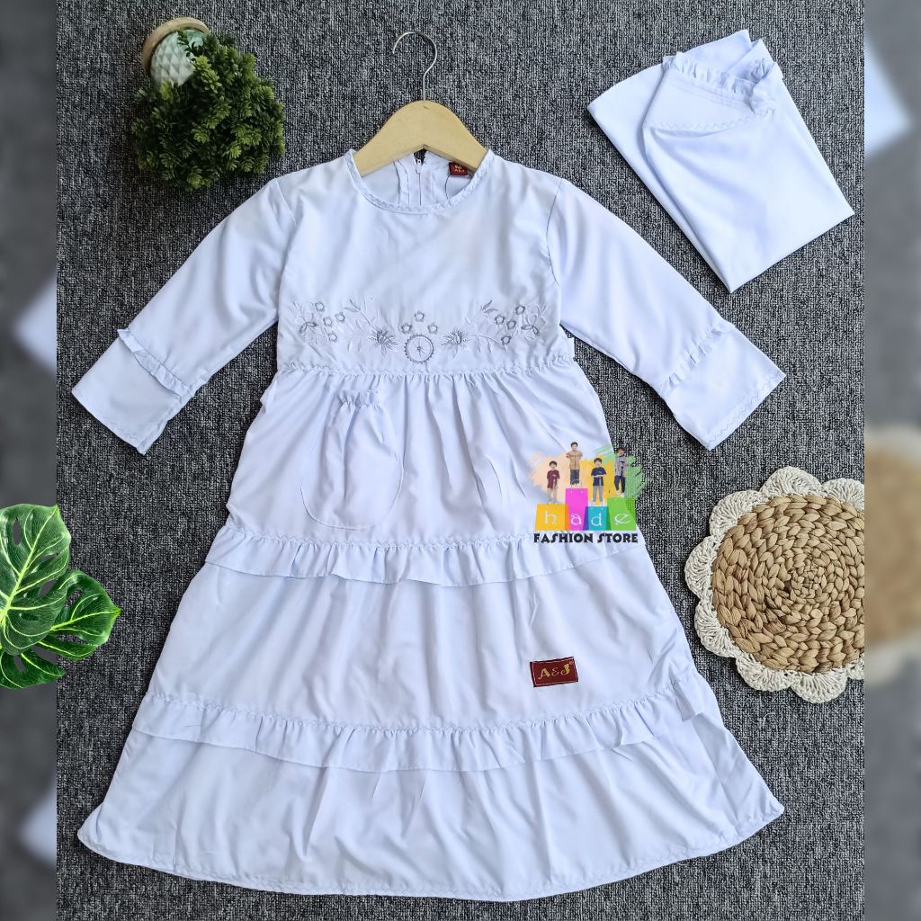 Gamis Putih Anak Dress Katun Plus Jilbab Kerudung Muslim