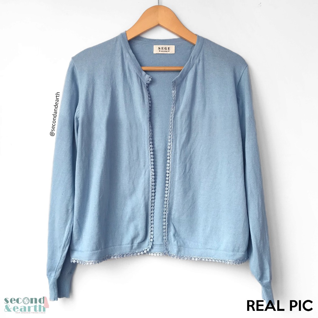 Sege Kardigan Rajut (S-M) Luaran Lengan Panjang Rajut Tipis Biru Muda Polos Long Sleeve Outer Cardig