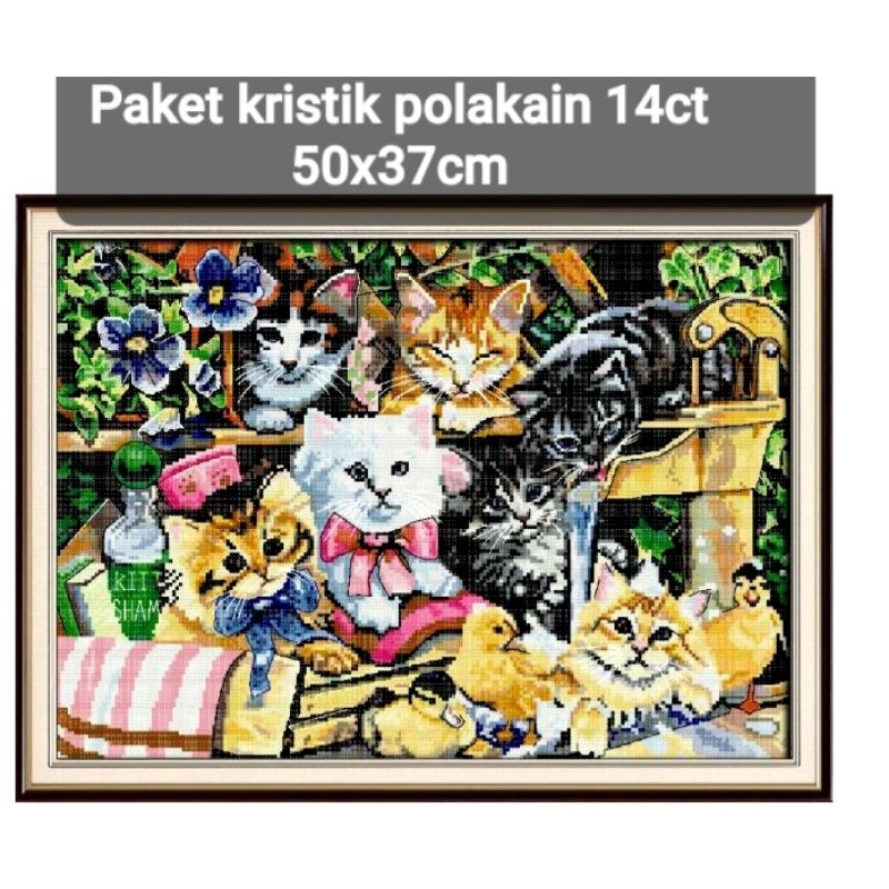 DIY Paket kristik cats family kucing pola kain cross stitch 14ct nkf