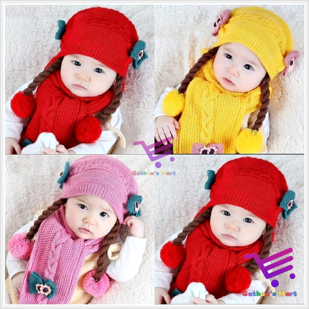 Topi Bayi Perempuan Baru Lahir Newborn Rajut Lucu Rambut Kepang Murah Umur 0 3 6 7 8 9 10 11 12 Bula