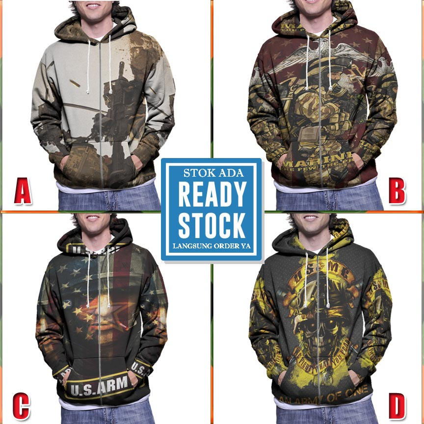 Ritsleting Hoodie US Army Hoodie Zipper Fullprint Bahan Polyester Jersey