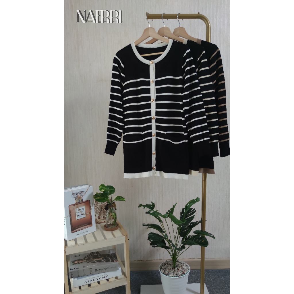 BELLA KNIT BUTTON LONG CARDIGAN | LONG CARDIGAN KNIT WANITA| LONG CARDIGAN STRIPE PANJANG RAJUT WANI