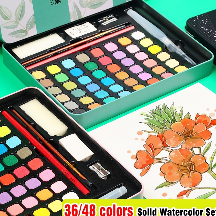 

3648 warna Solid Watercolor Paint Set Cat Air Padat Warna Terang Dengan Kuas Air Otomatis ART A4Y3