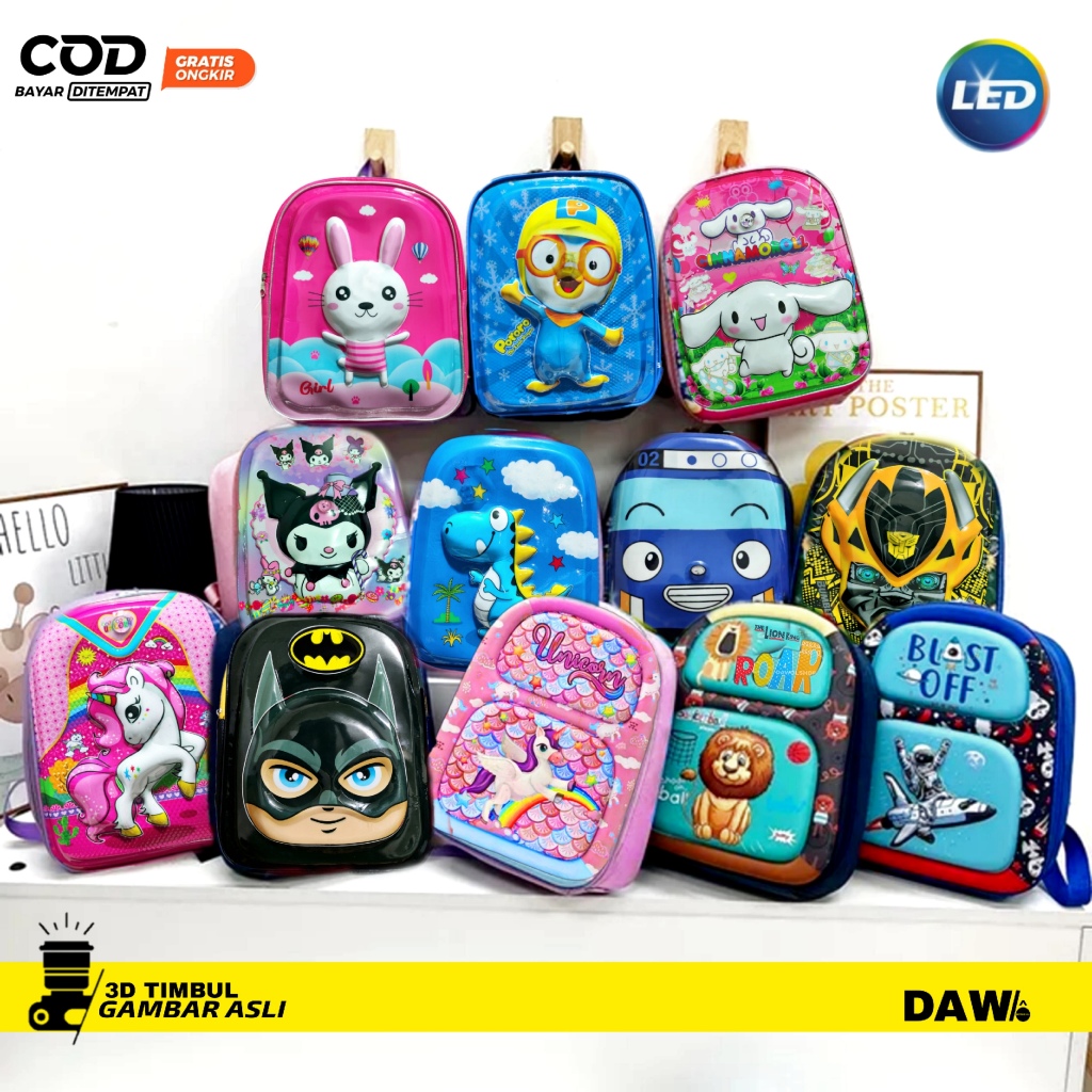 Lengkap Tas sekolah anak Cowo cewe Karakter 3d timbul Dilengkapi lampu led kuromi Mixue barbie ultra