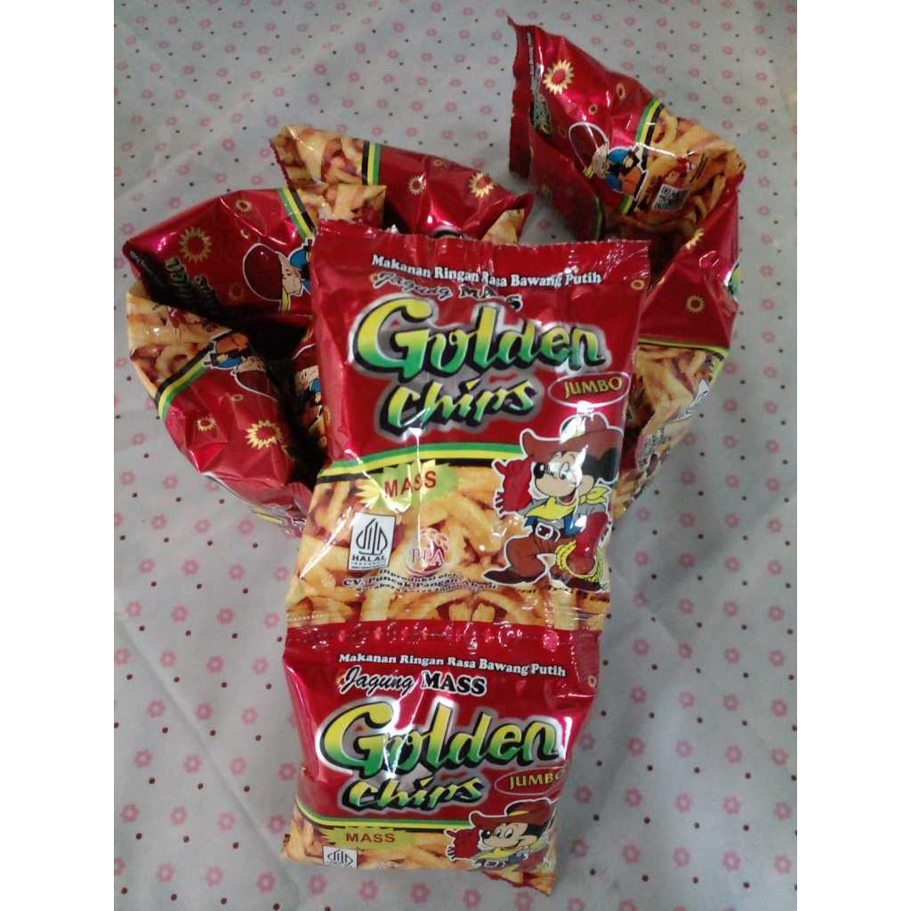 

Camilan snack golden chips renceng rasa bawang per pack isi 10pcs, Ready Stock Delivery Jogja