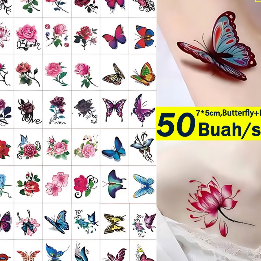 D2289 KUMATATTOO 224 ARTIST 5PCSSet stiker tato Animasi 3D  Bunga  Kupukupu  Mawar  Kartun FRUIT INK