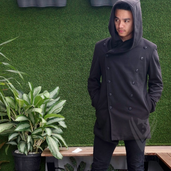 jaket mantel longcoat hitam tebal keren model korea jepang pria hoodie pinocio