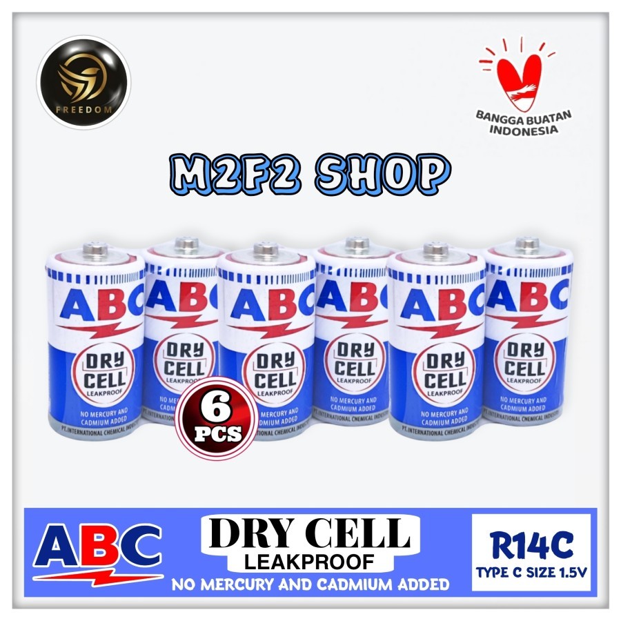 Batu Baterai ABC Biru Dry Cell Ukuran Sedang Type R14C IEC/UM-2/C SIZE 1.5V - (Kemasan 6 Pcs)