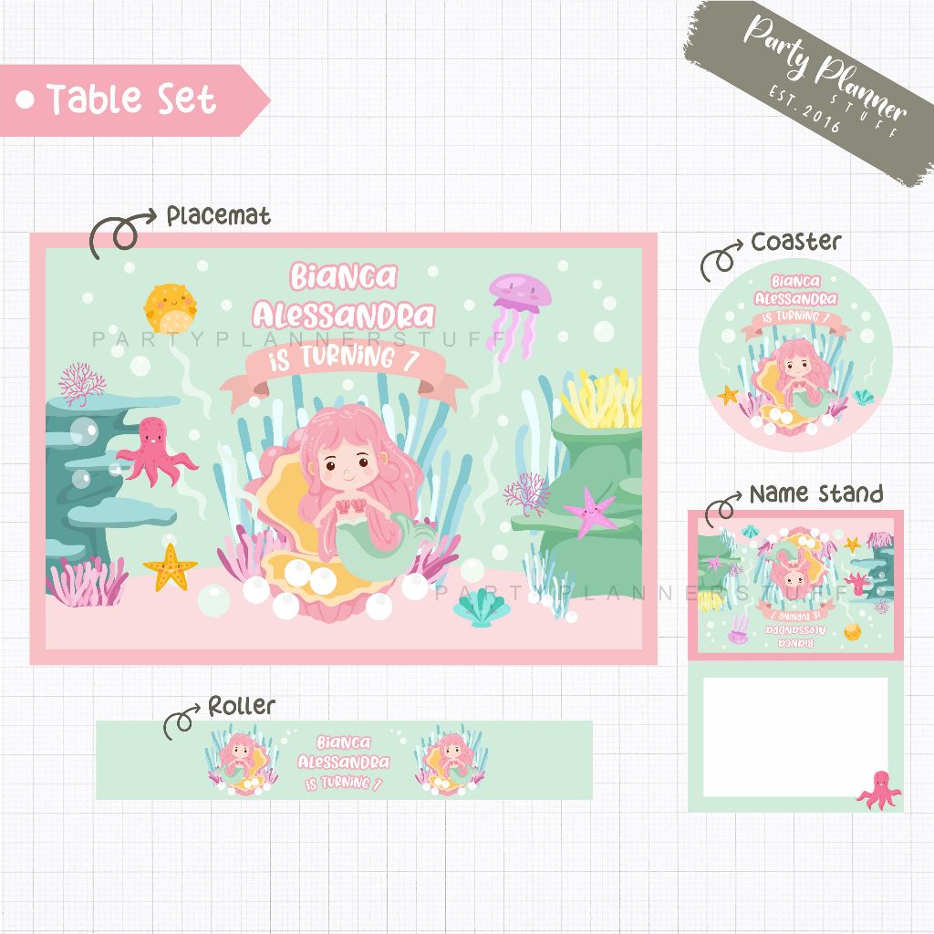 Table set birthday custom placemat coaster wish card tema mermaid under the sea table decor ulang ta