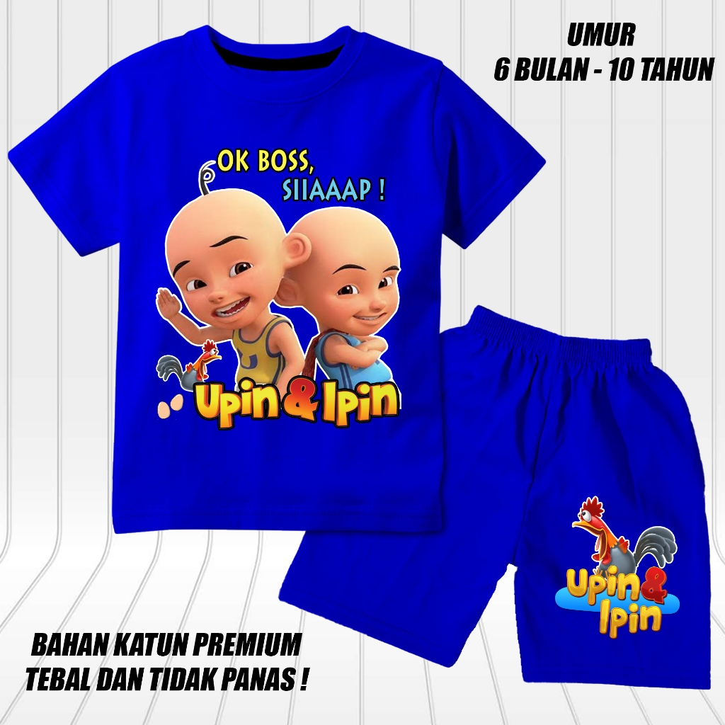 setelan lengan pendek anak laki laki perempuan set baju kaos pendek anak upin ipin ok siap boss DTF