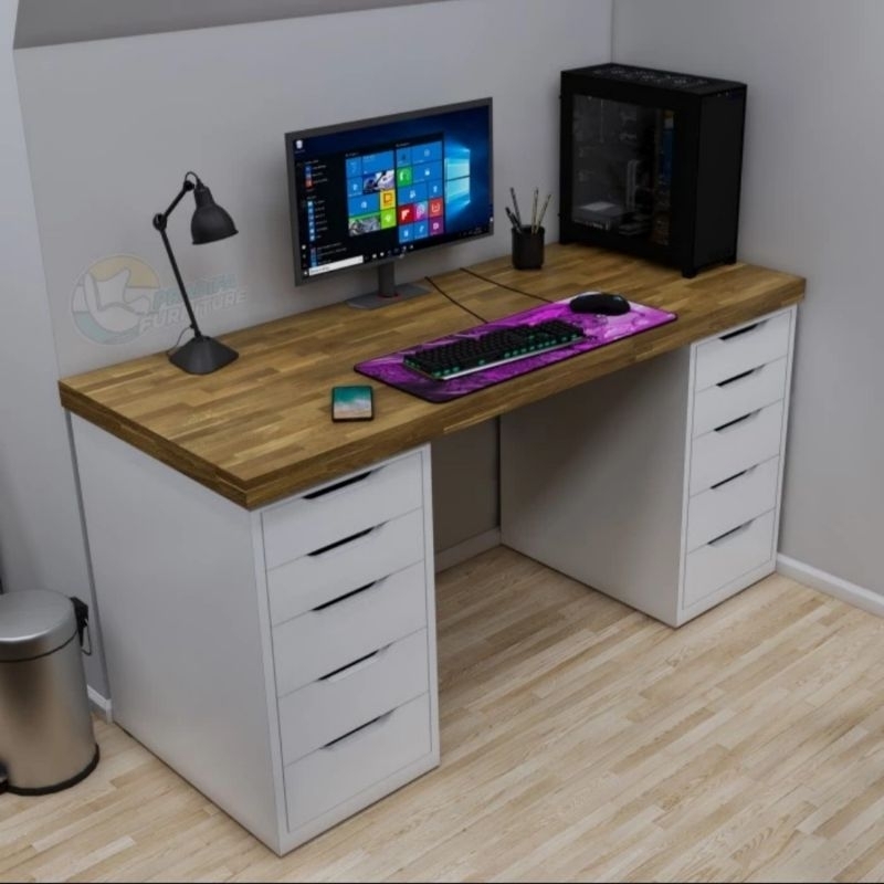 Meja komputer - meja pc - daun meja jati fjl dengan 2 box nakas minimalis