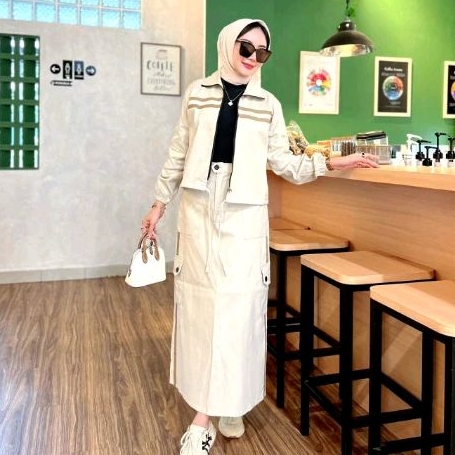 One Set Rok + Jaket Bomber Cargo ZAHRA Setelan Set Rok Terbaru Korean Style Bahan Fleece Premium One
