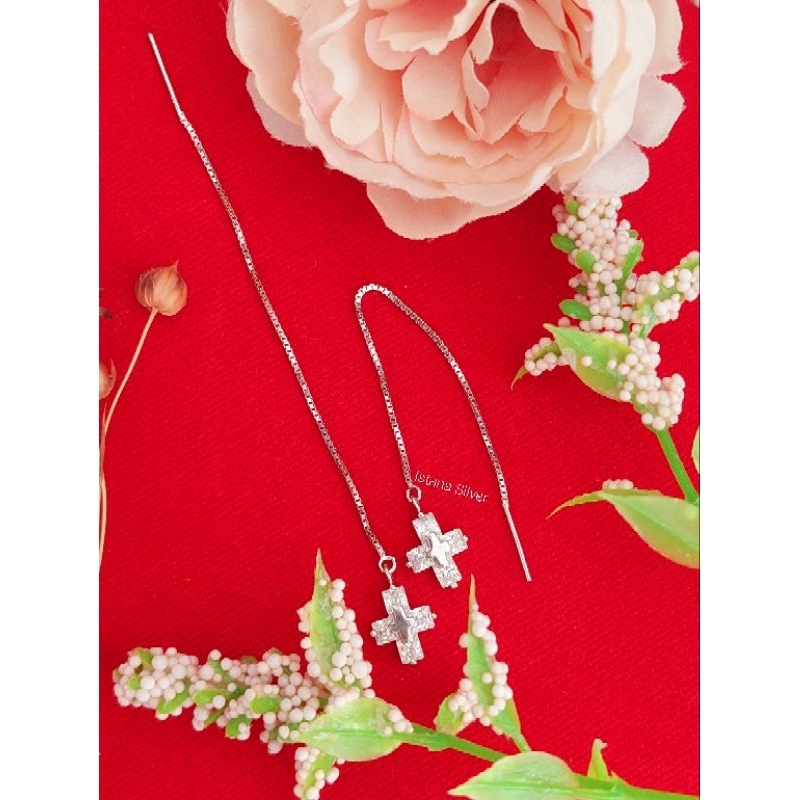 Anting Jarum / Tusuk Rumbai Salib Permata Perak Asli 925 Lapis Emas Putih Rumbai Panjang Fashion