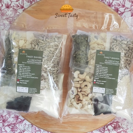 

Laku Keras Paket Bahan Florentine Cookies lengkap plus kacang mede Trial Mix Florentine