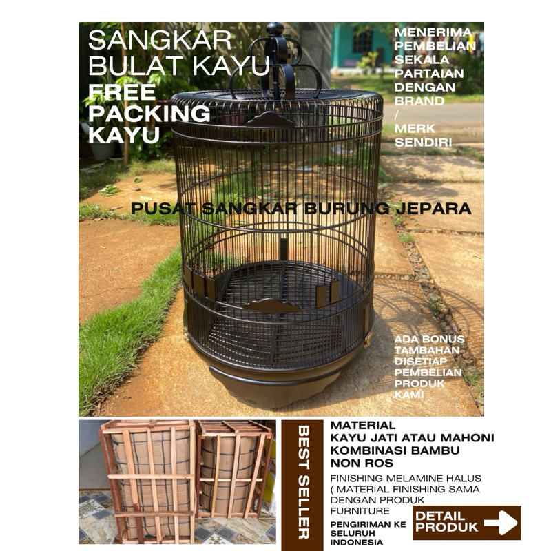 sangkar murai bulat kayu asli dari pusat sangkar burung jepara finishing halusan material kayu kombi