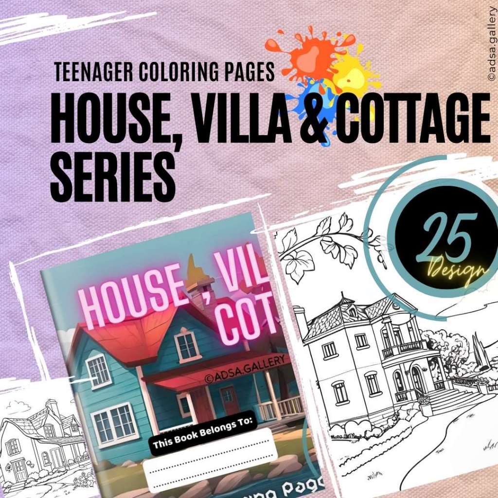 

Seri Rumah Villa & Cottage , Buku Gambar eksklusif tinggal print, terdiri dari 25 gambar Rumah, Villa dan Cottage Mewarnai Anak yang Dapat Dicetak, Unduhan Digital