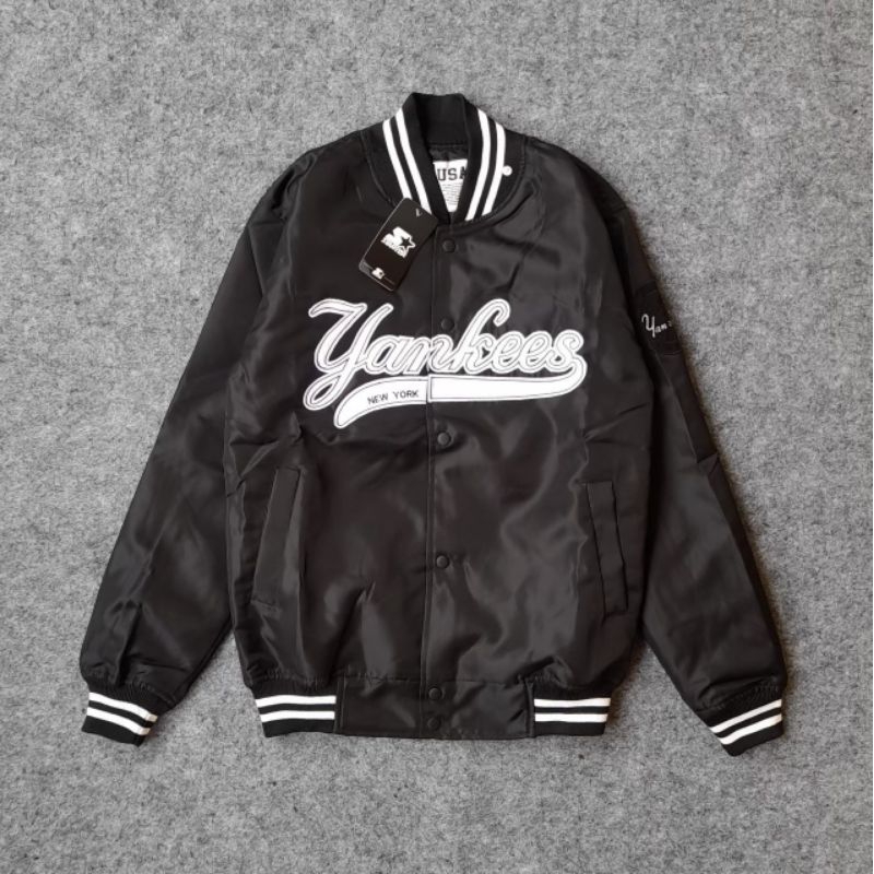 VARSITY JACKET BOMBER YANKEES HITAM BORDIR PREMIUM FULL TAG