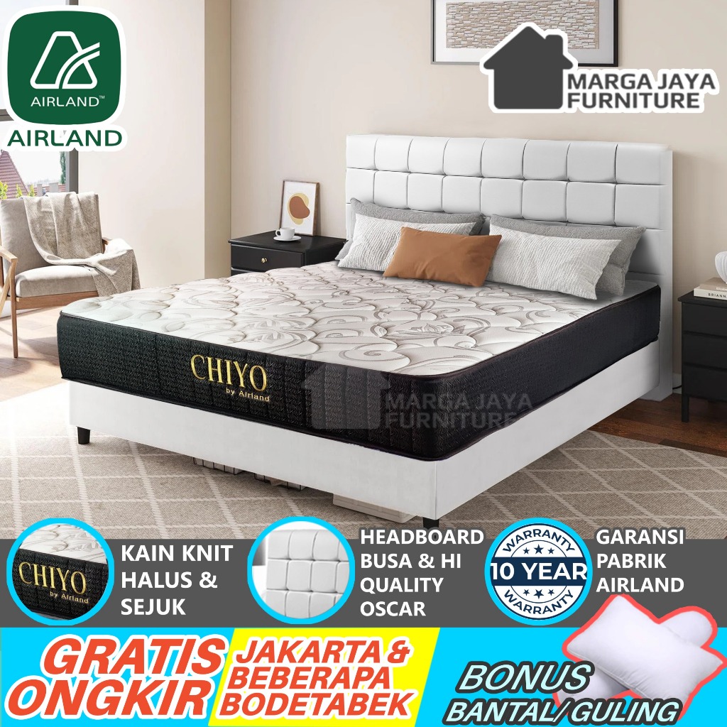 SET Springbed Kasur AIRLAND Chiyo + Divan Sandaran Putih Hitam 120x200 160x200 180x200 Ori 100% Orig