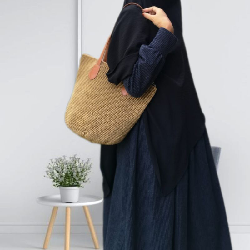 Tas Rajut Nilon Yuri Totebag Tali Kulit