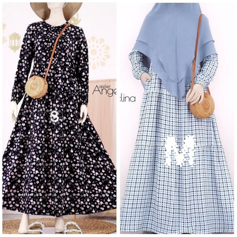 Preloved Bella Dress Mixed Floral S dan  Plaid Blue Black  M by atelier.angelina