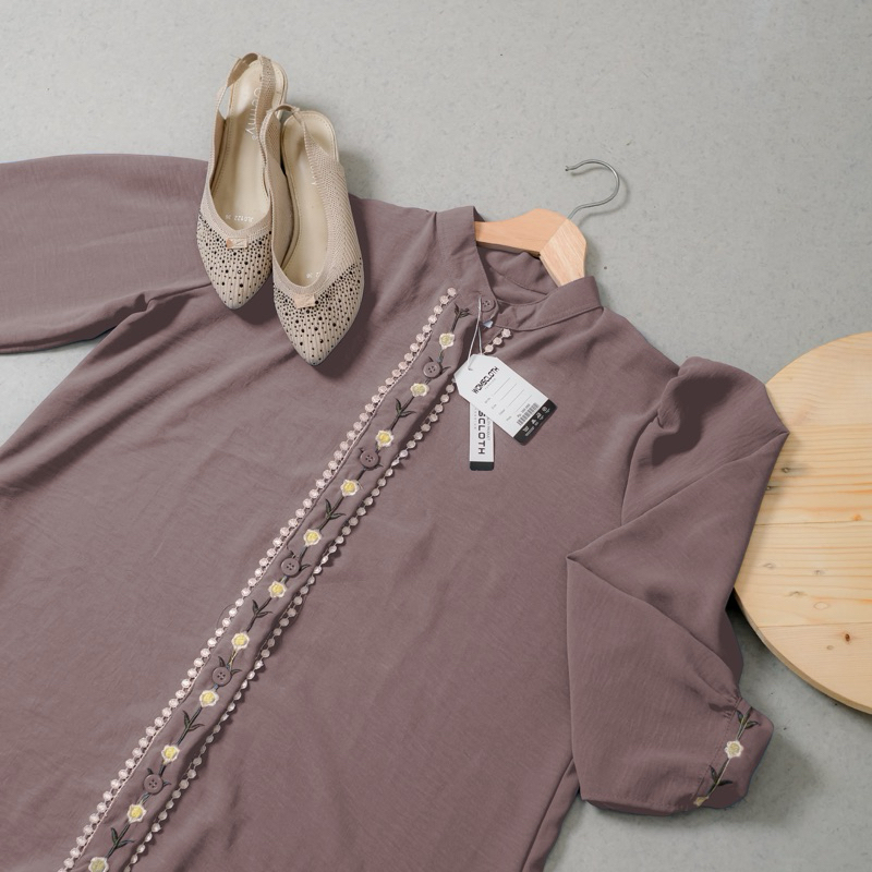 Womscloth - Midi Dress Crinkle Bordir - Dress Lebaran Busui Kancing Lengan Panjang - Gamis Wanita Muslim Terbaru-Taupe