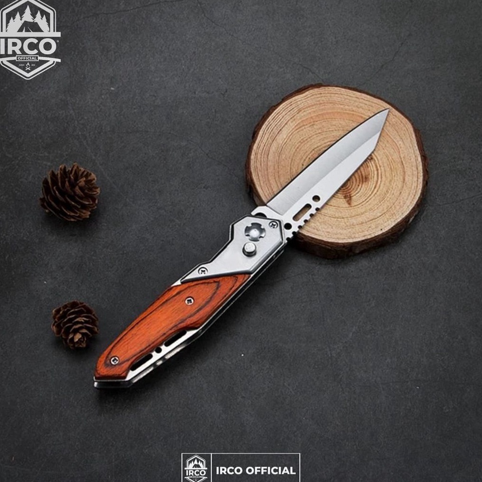 KODE U9D4 Ircoofficial pisau lipat stainless steel multifungsi dengan gagang kayu include pouch  Fol