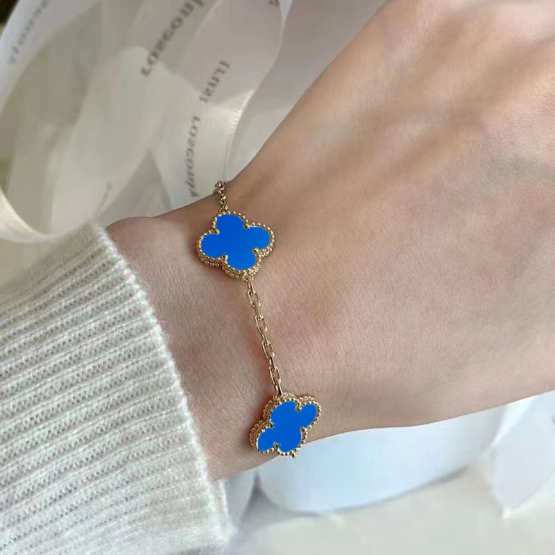Gelang Wanita Emas 17K Gelang Permata Batu Akik Biru Gelang Empat Daun Keberuntungan