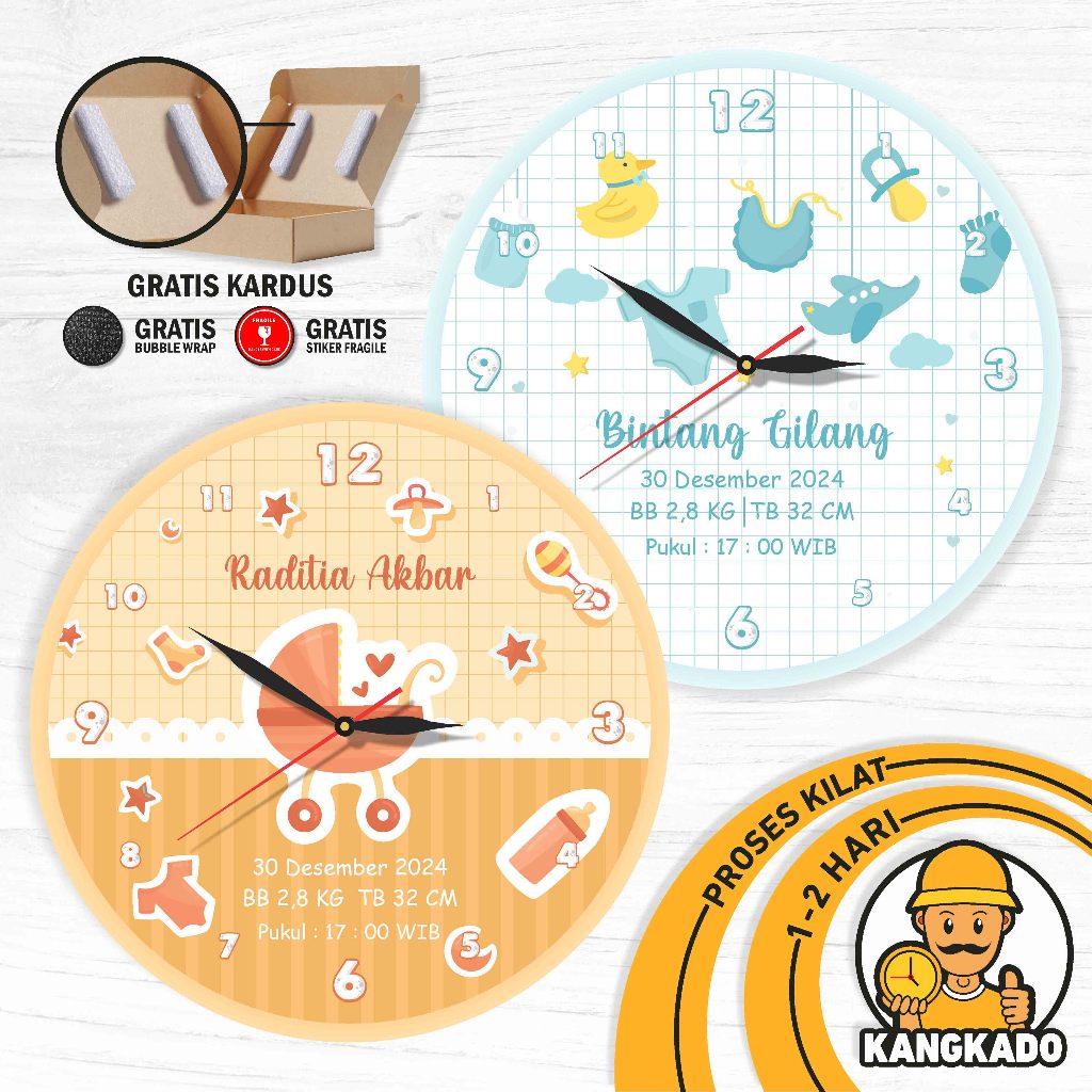 JAM DINDING LAHIRAN HADIAH KELAHIRAN BAYI NEWBORN SOUVENIR JAM DUDUK KARTUN CUSTOM TULISAN NAMA BABY
