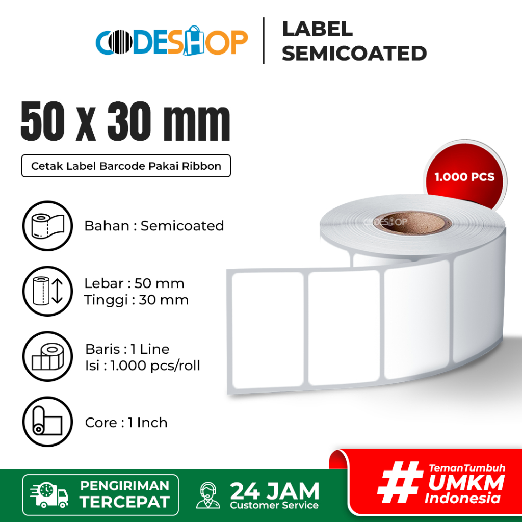 

Codeshop Label Semicoated 50 x 30mm 1 Line 1 inchCore isi 1000 Pcs