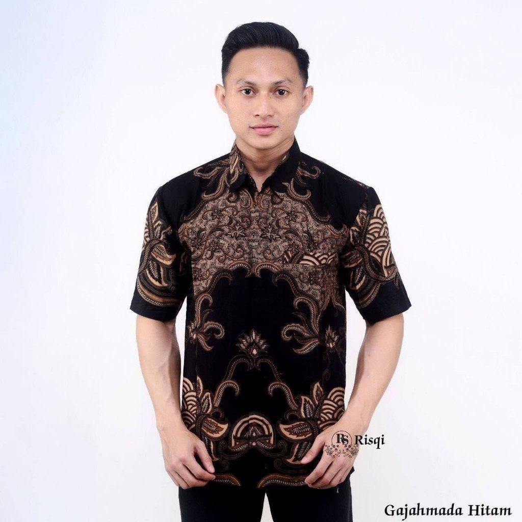 Hem Batik Pria Lengan Pendek - Motif Bunga Ombak Coklat - Warna Hitam Coklat Kuning