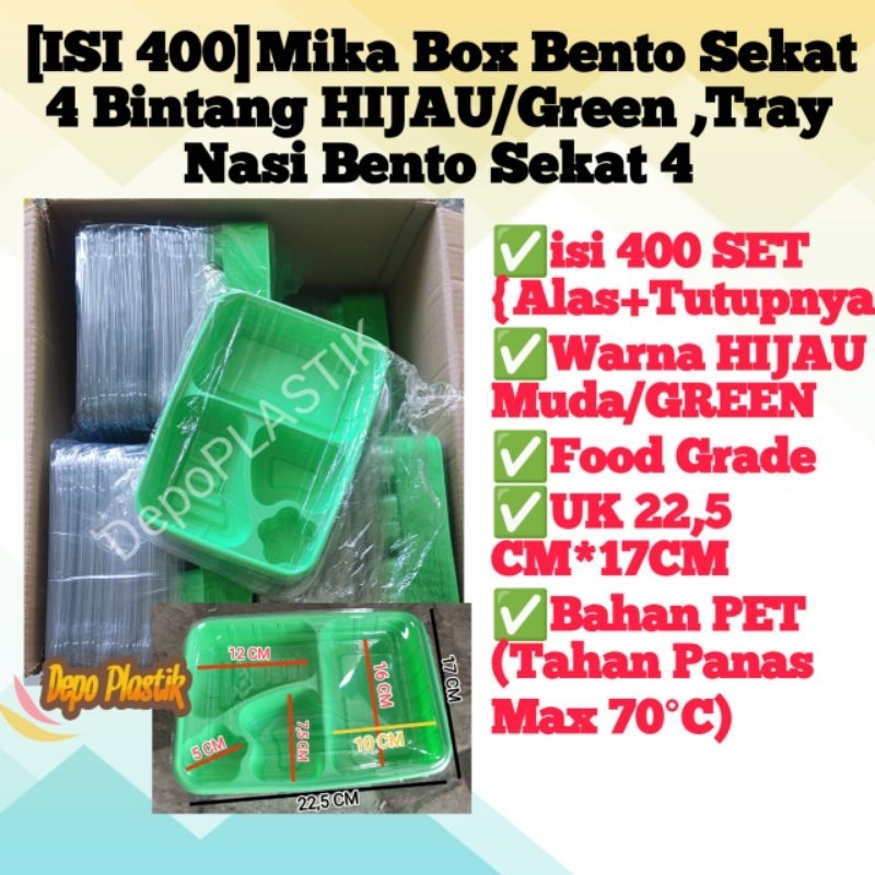 [ISI 50] 1 DUS Mika Bento Box Bento sekat 4 Bento Bintang warna HIJAU (Alas+Tutup) Tray Nasi Bento S