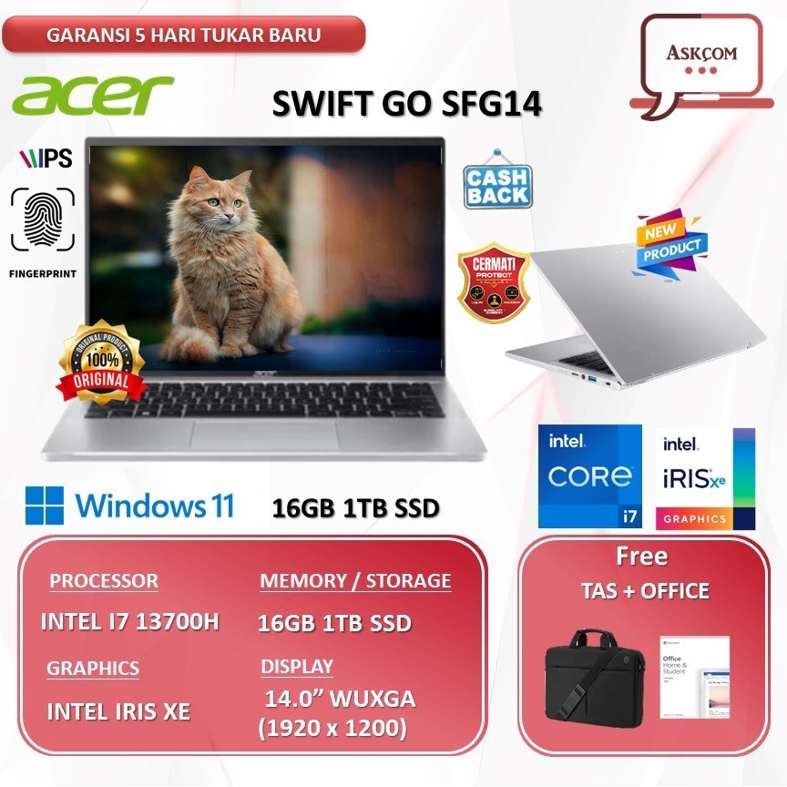Laptop Acer Swift GO SFG14 Touch I7 13700H 16GB 1TB SSD W11 OHS21 14.0WUXGA FP 71T.77AS