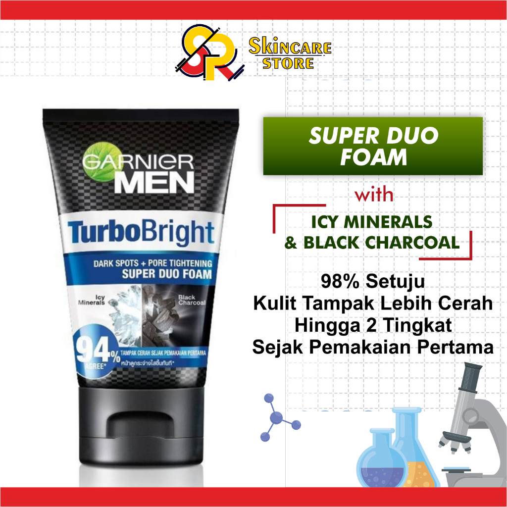 Garnier Men Turbo Bright Super Duo Foam Skin Care - 100ml (Perawatan Pria Untuk Wajah Kusam)